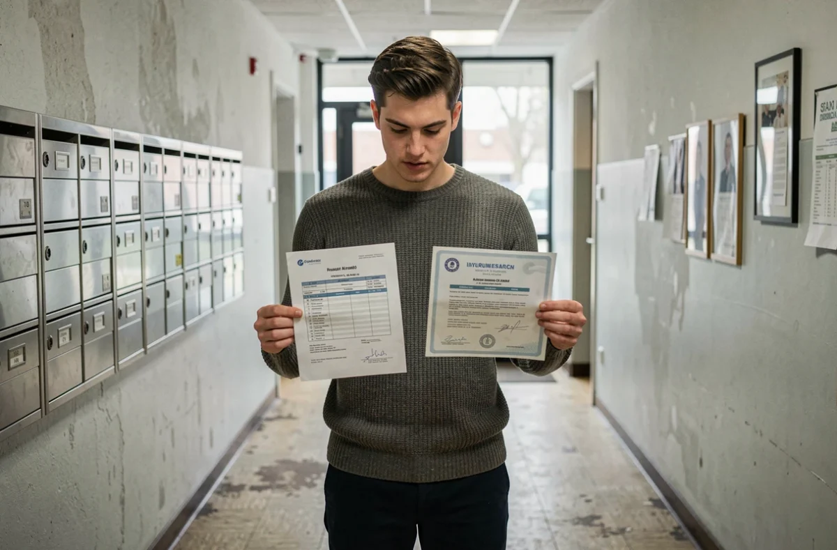 Jeune locataire étudiant comparant bail et attestation d'assurance habitation dans un couloir de résidence universitaire