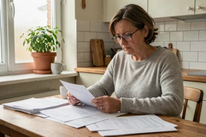 Locataire examinant des documents de remboursement de charges locatives à une table de cuisine