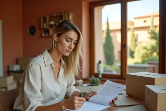 Locataire vérifiant son contrat de bail avant un déménagement dans le sud de la France, entourée de cartons dans un appartement provençal