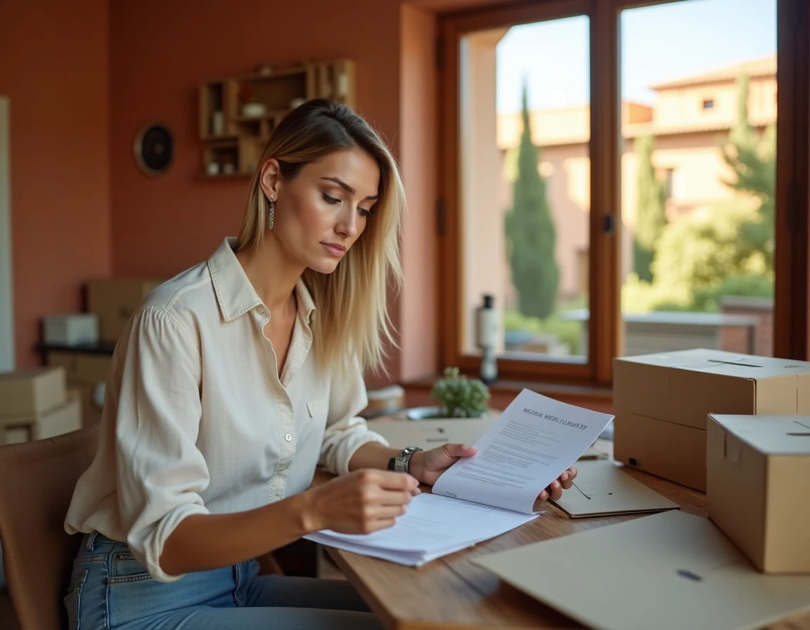Locataire vérifiant son contrat de bail avant un déménagement dans le sud de la France, entourée de cartons dans un appartement provençal