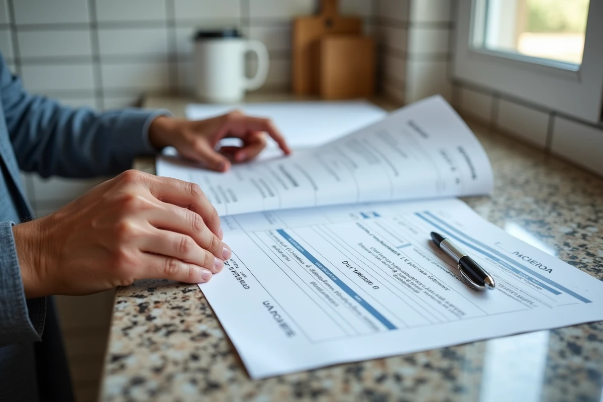 Mains tenant le formulaire 3233-SD et des documents immobiliers sur un plan de travail