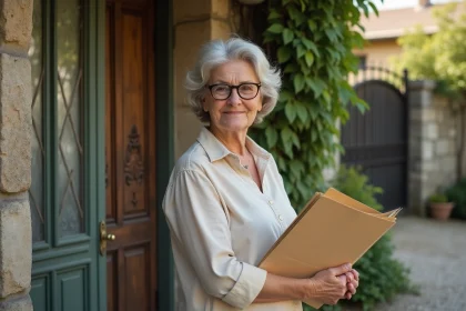 Femme tenant des documents officiels devant une maison en pierre à donner gratuitement, illustrant les démarches de cession immobilière