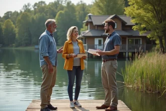 Couple et agent immobilier sur le quai devant la maison au bord du lac