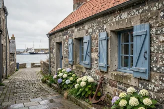 Maison de pêcheur bretonne en pierre avec volets bleus et jardin sauvage dans un village côtier breton
