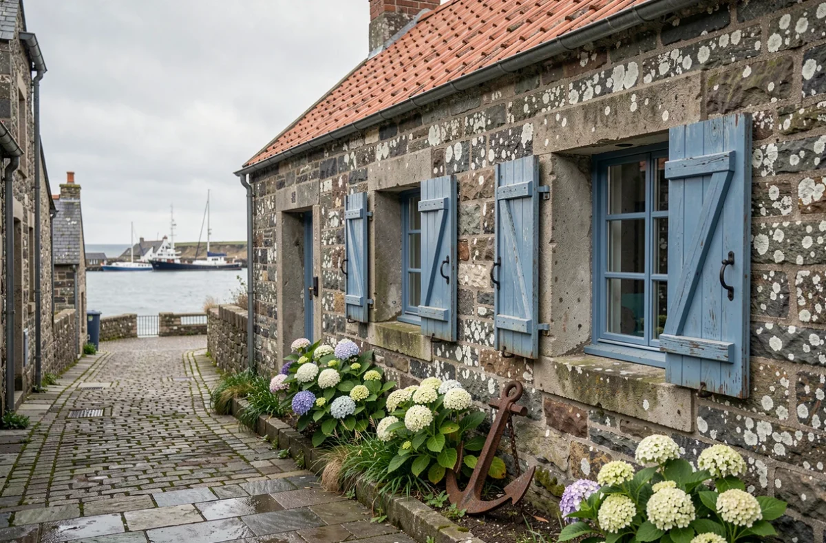 Maison de pêcheur bretonne en pierre avec volets bleus et jardin sauvage dans un village côtier breton