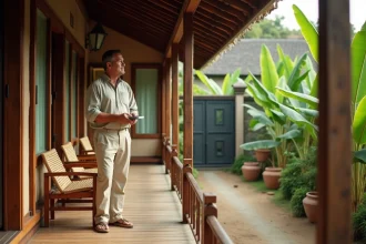 Homme occidental examinant une maison traditionnelle en teck en Thaïlande avant achat, terrasse couverte entourée de végétation tropicale