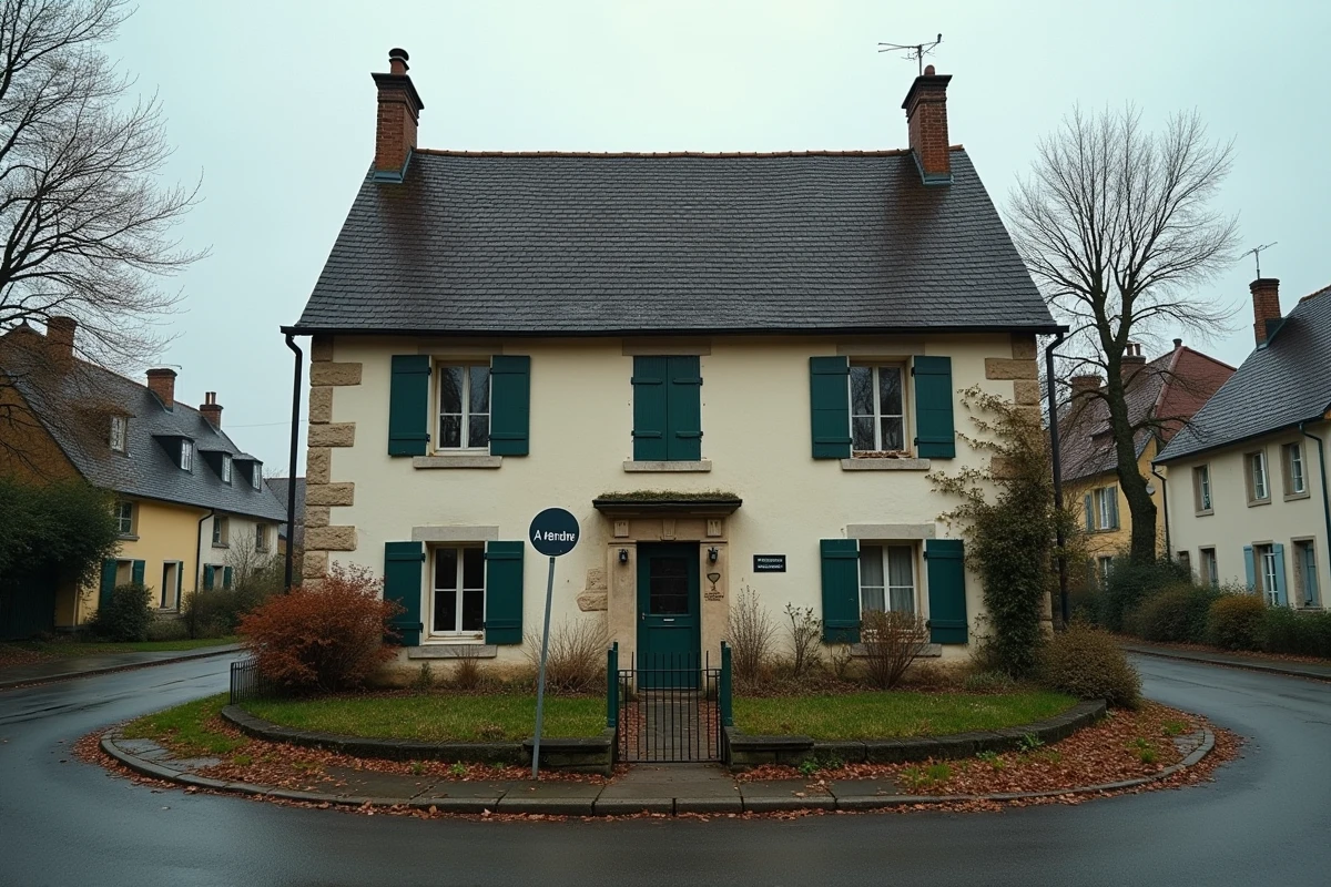 Maison lorraine traditionnelle avec panneau à vendre dans un jardin en Moselle lors d'une vente urgente pour divorce