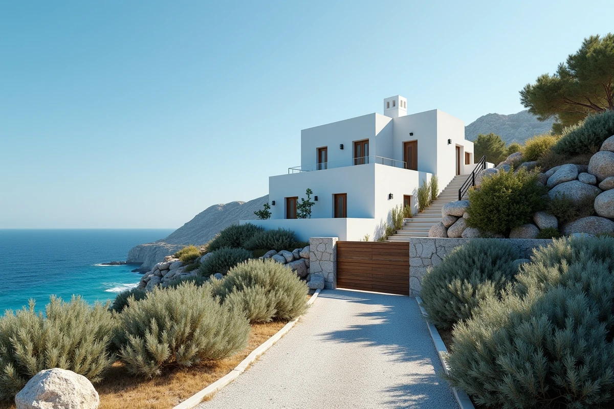 Maison vue mer contemporaine à vendre sur un promontoire rocheux méditerranéen, illustrant la valeur immobilière des propriétés en bord de mer