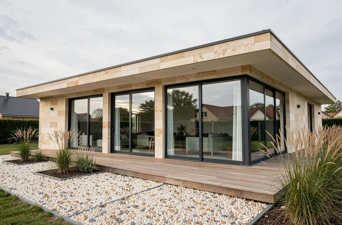 Maison plain-pied contemporaine réalisée par Maisons Clairval dans le Loiret, avec grandes baies vitrées et finition en pierre claire