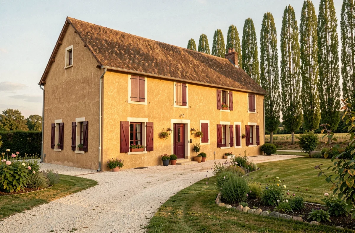 Maison de style traditionnel ligérien construite par Maisons d'en France Centre dans le Loiret, avec volets bordeaux et enduit ocre
