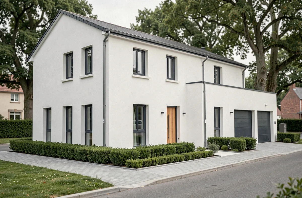Maison individuelle moderne construite par Maisons Ericlor dans le Loiret, avec façade blanche et menuiseries anthracite