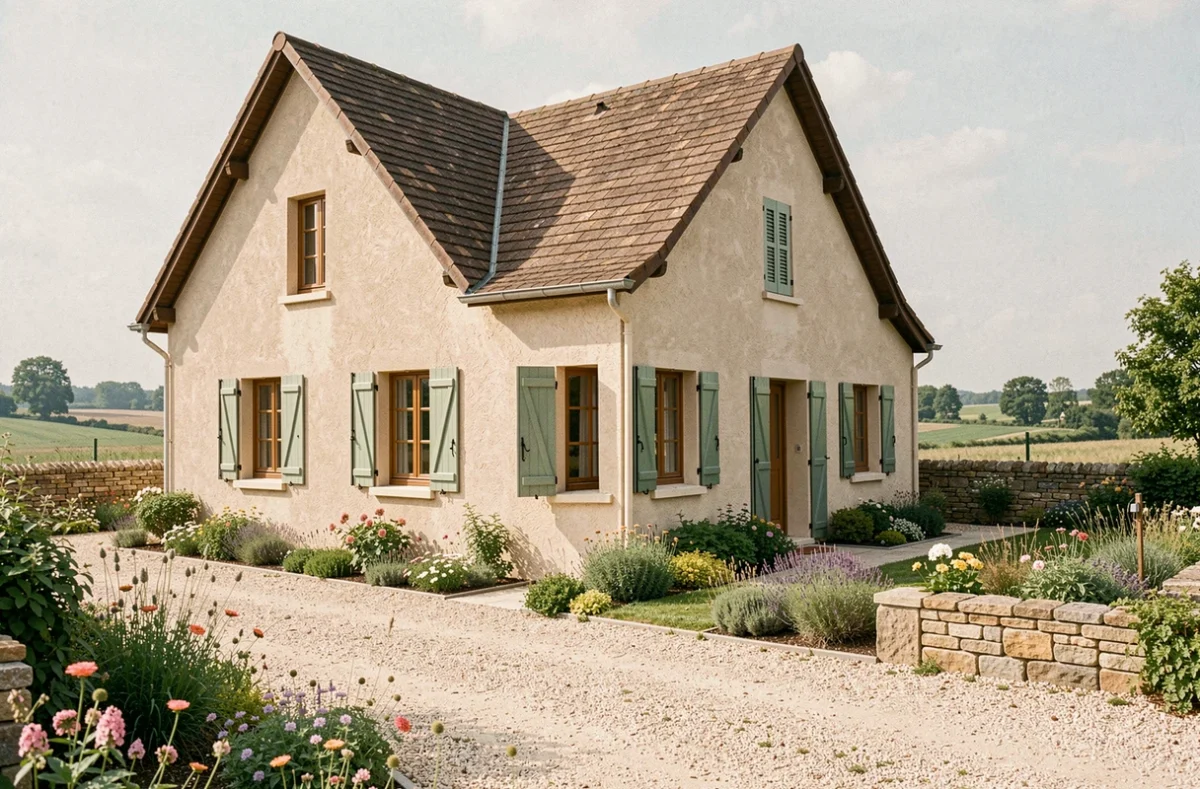 Maison individuelle traditionnelle construite par Maisons Lelièvre dans le Loiret, avec volets vert sauge et allée en gravier