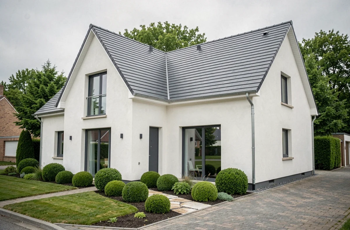 Grande maison contemporaine réalisée par Maisons Pierre dans le Loiret, avec toit ardoise anthracite et façade blanche