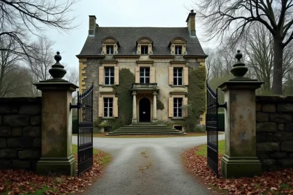 Façade d'un manoir abandonné en pierre avec volets cassés, lierre envahissant et allée herbeuse — signaux d'alerte visibles à l'extérieur