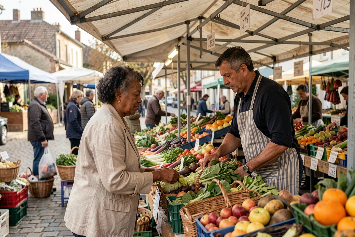 Marché de quartier animé à Alfortville avec commerçants et habitants faisant leurs courses quotidiennes