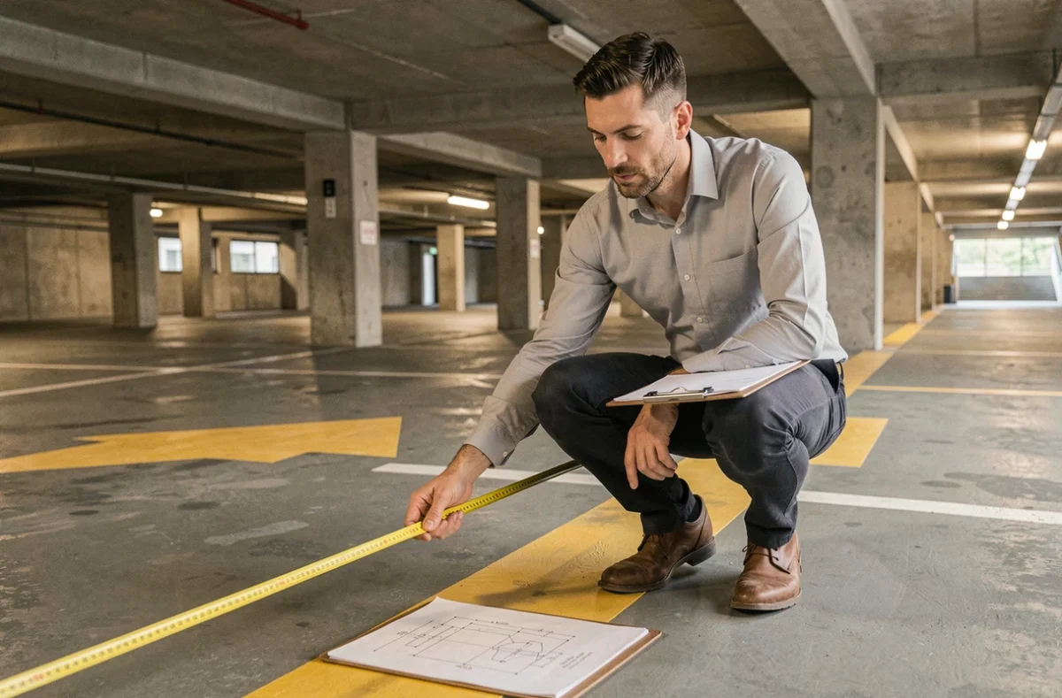 Professionnel mesurant la largeur d'une place de parking souterrain avec un mètre ruban pour vérifier les dimensions réglementaires