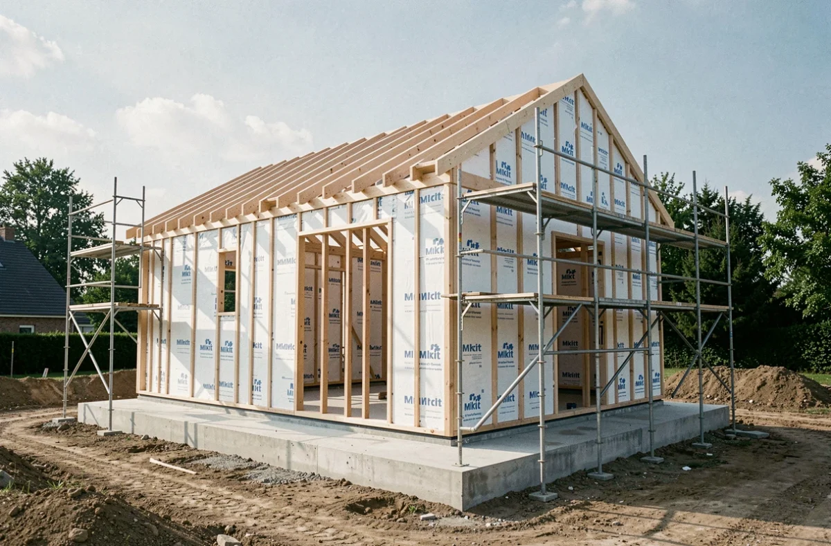 Maison en kit Mikit en cours de construction dans le Loiret, illustrant le concept de construction participative