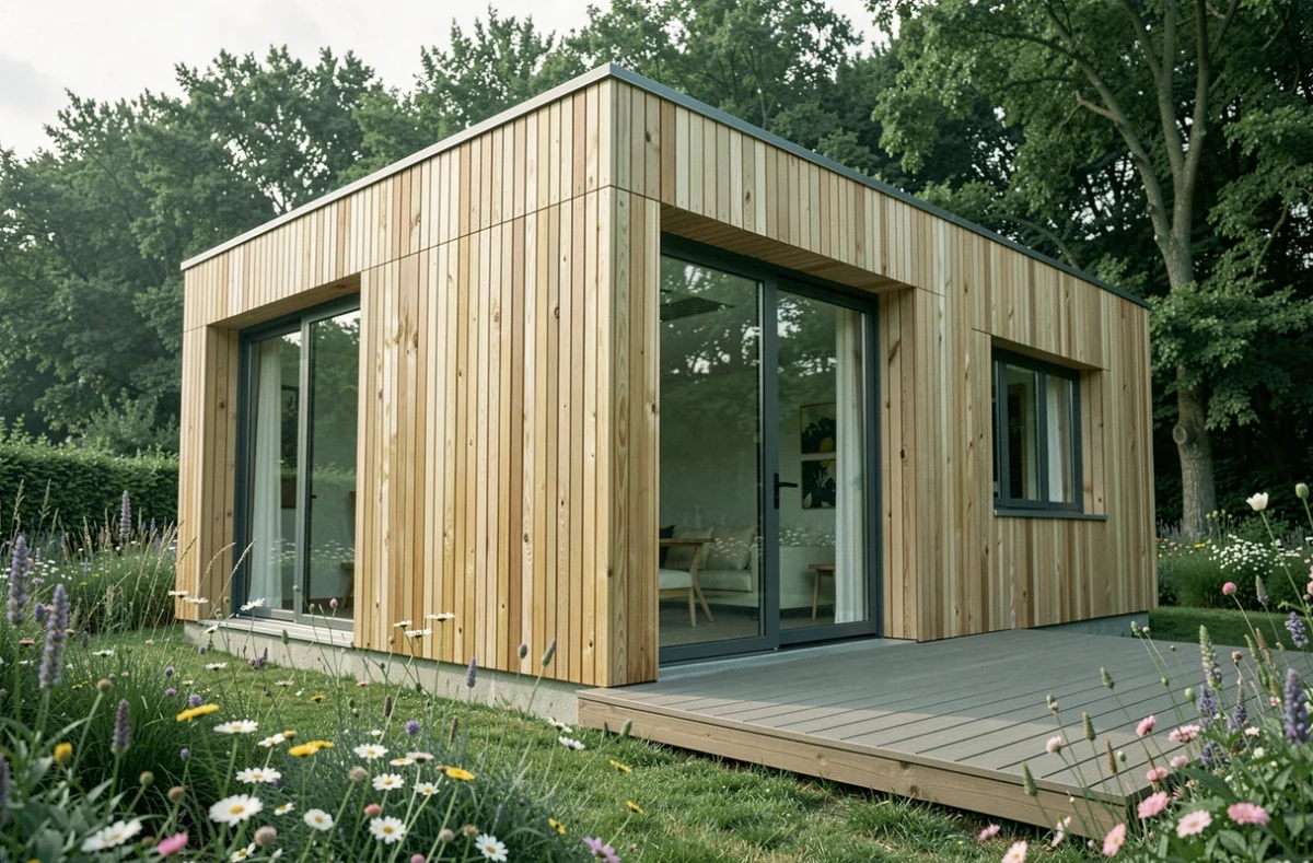 Maison à ossature bois écologique construite par Natilia dans le Loiret, avec bardage naturel et grandes fenêtres fixes