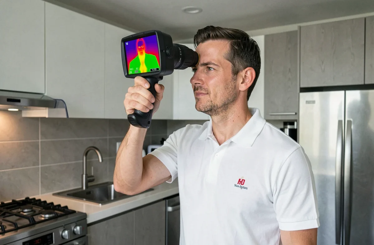 Diagnostiqueur NFC Diagimmo utilisant une caméra thermique dans la cuisine d'un appartement moderne