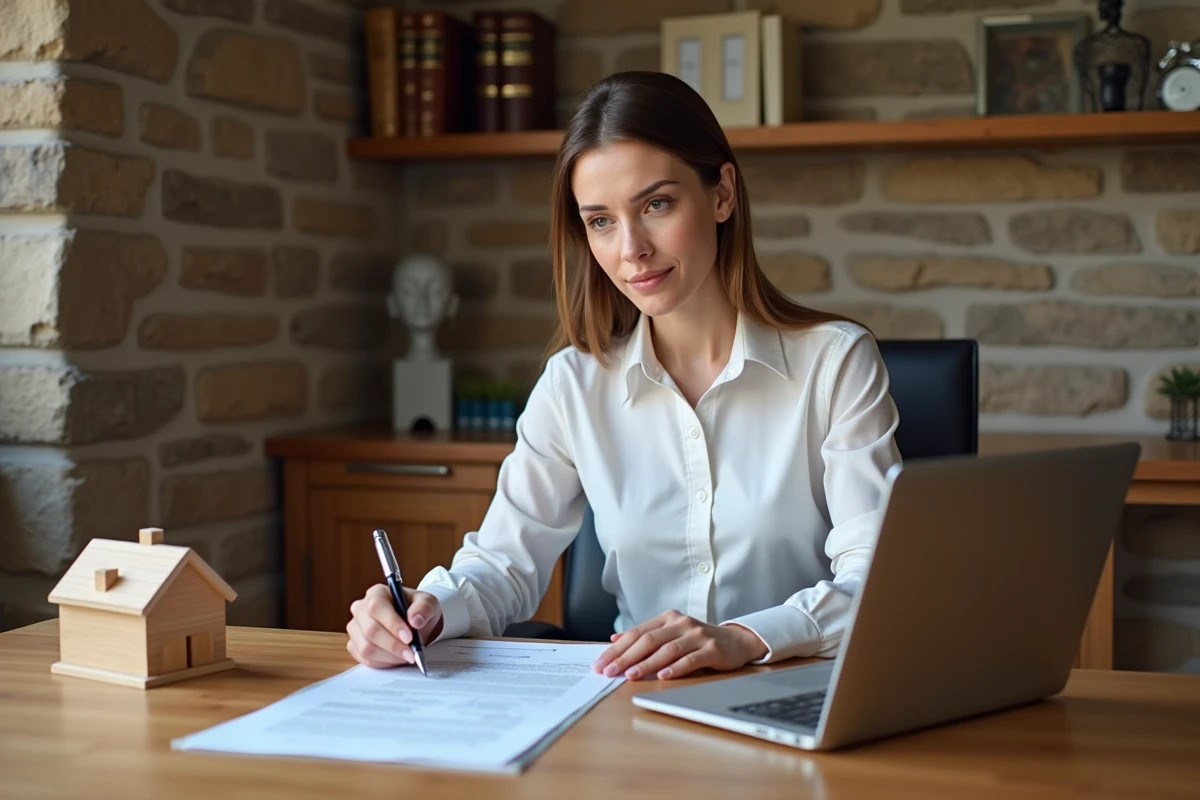Notaire immobilière examinant un contrat d'achat d'appartement en construction neuve en Andorre dans un bureau traditionnel