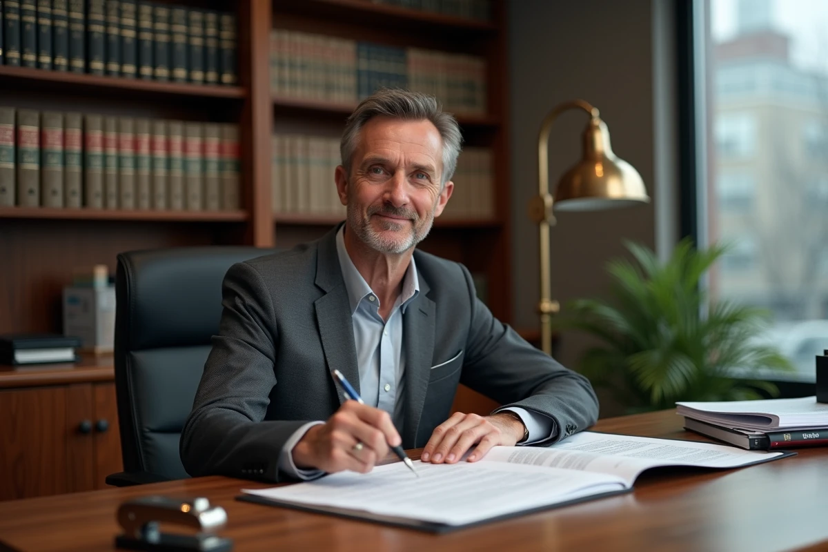 Notaire examinant des documents de cession immobilière gratuite dans un bureau officiel, illustrant les dispositifs publics de don de maison