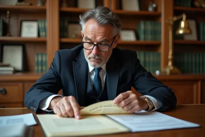 Notaire examinant des documents de contribution sécurité immobilière et taxes foncières dans un bureau juridique