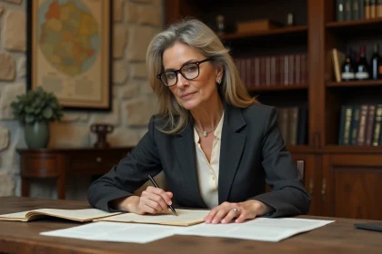 Notaire examinant un dossier d'acquisition de vignoble bordelais via la SAFER dans un bureau en pierre
