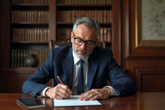 Notaire en costume examinant un document officiel à Limoges
