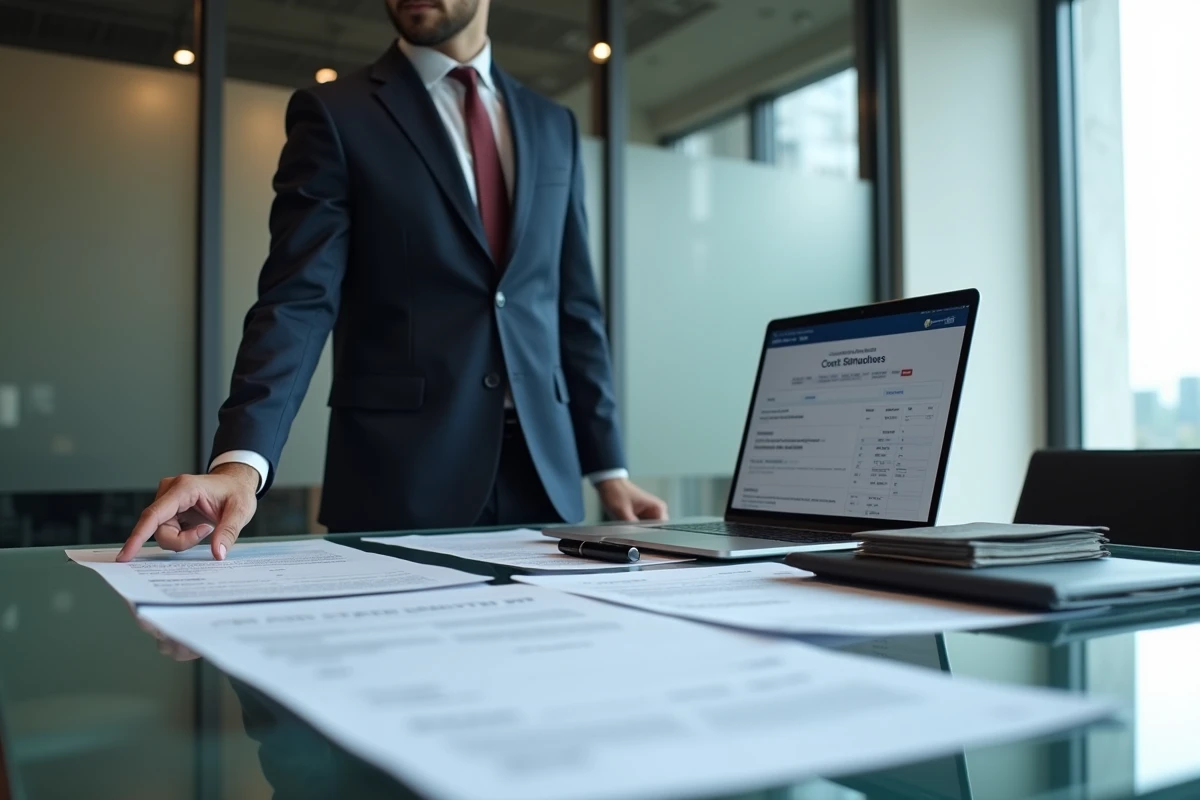 Notaire jeune professionnel présentant un tableau de calcul des frais de notaire immobilier dans un bureau moderne