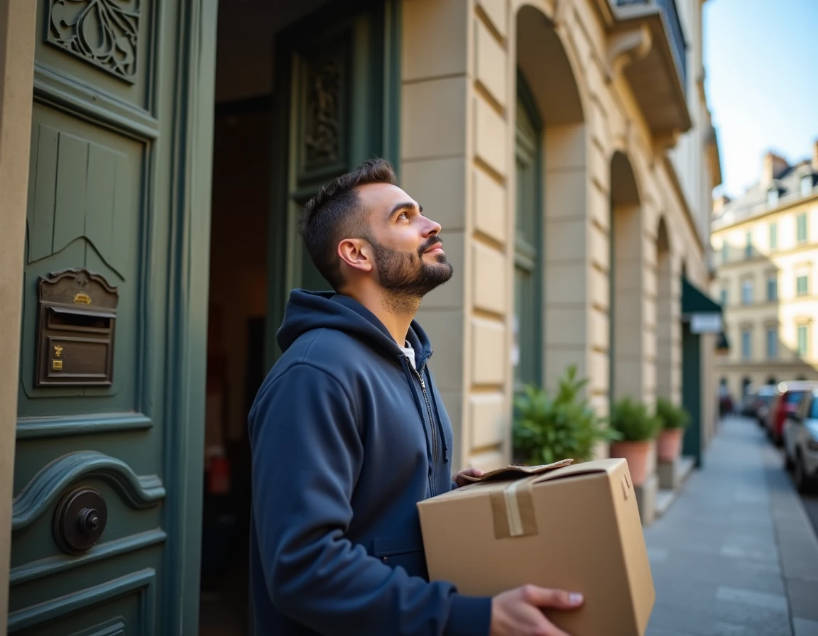 Nouvel arrivant tenant un carton de déménagement devant un immeuble haussmannien du centre-ville de Grenoble