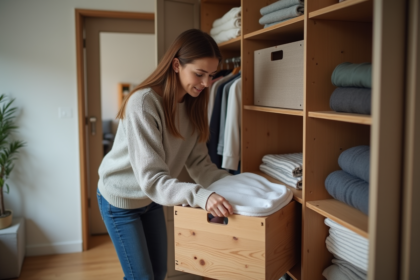 Jeune femme organisant un placard dans un salon moderne