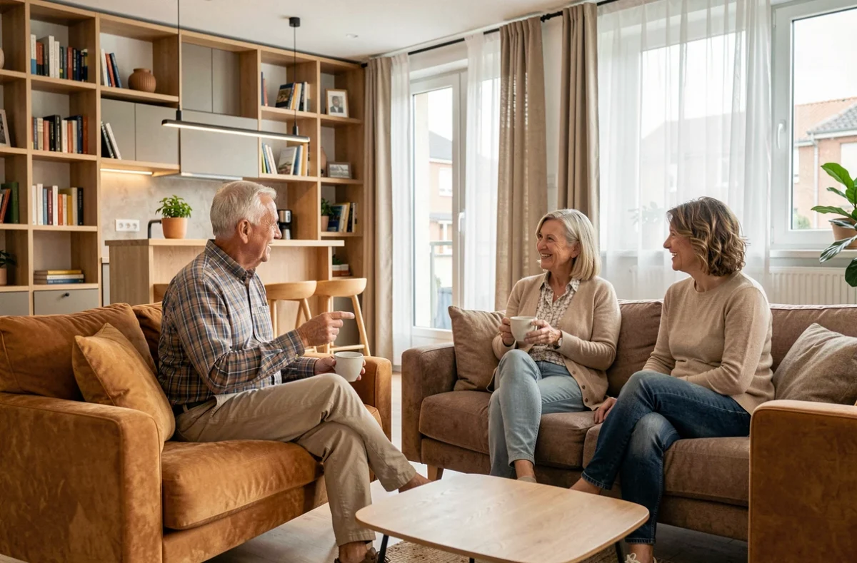 Un résident de la résidence Oui Seniors à Cholet dans un espace de vie partagé moderne et convivial
