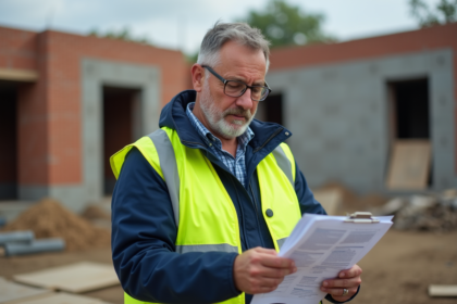 Ouvrier de chantier avec documents et casque de sécurité