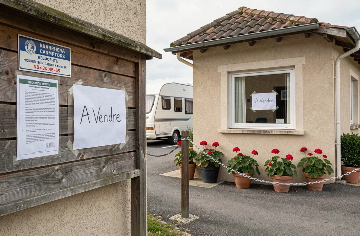 Panneau à vendre sur un mobil-home de camping avec affichage réglementaire du gestionnaire au premier plan, symbolisant les obstacles à la vente