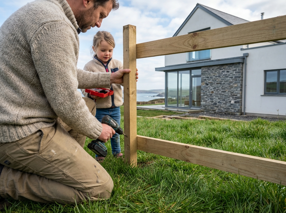 Père et fille construisant une clôture dans le jardin moderne