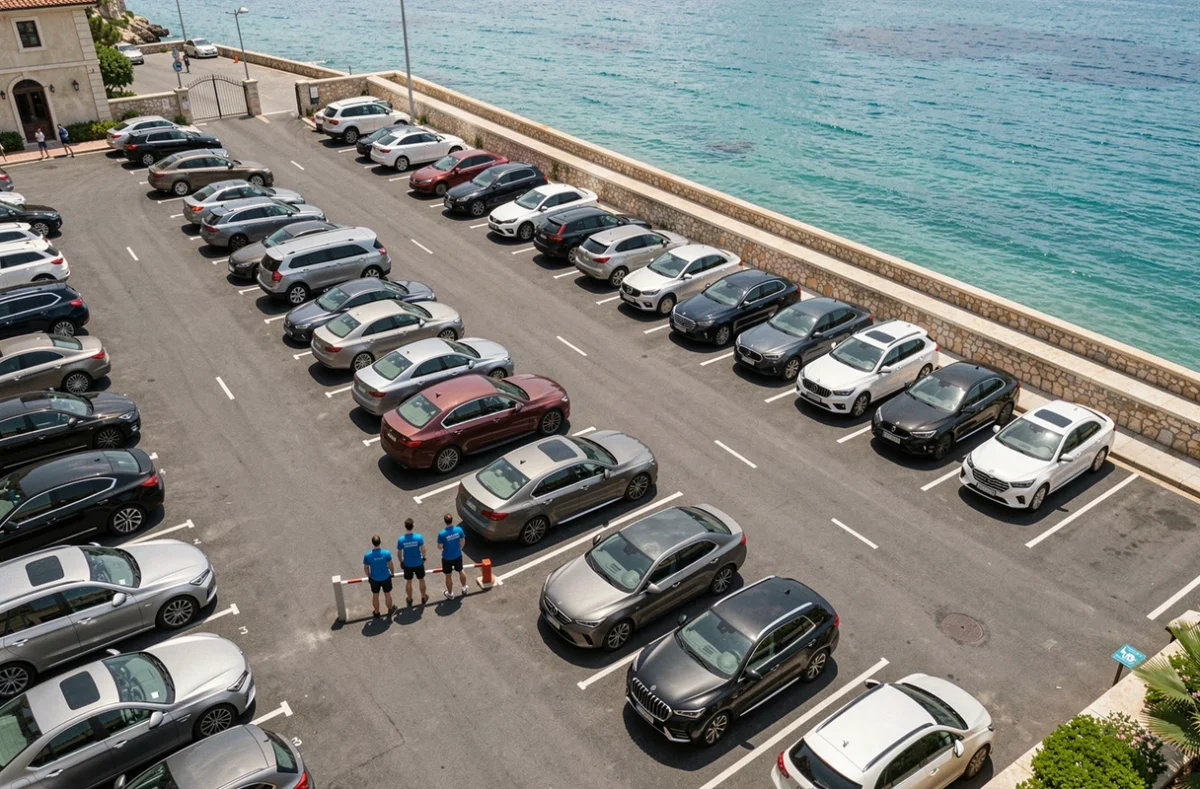 Vue du parking du Monte Carlo Sun avec voituriers et véhicules haut de gamme