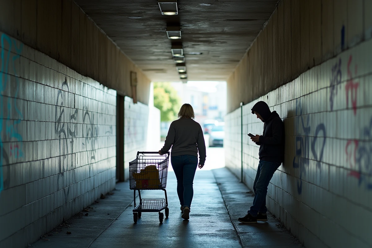 Passage souterrain piéton dégradé dans un quartier de Blois avec habitants traversant le tunnel