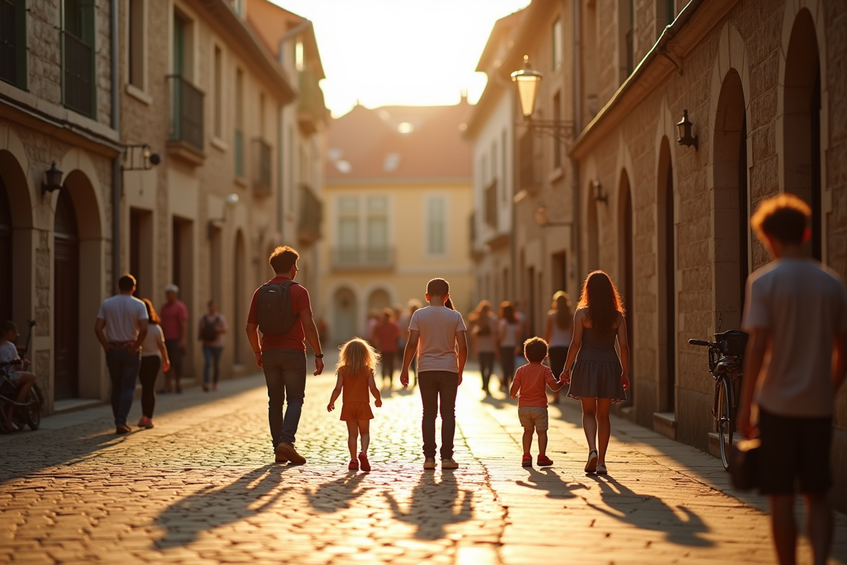Enfants jouant dans la place pavée ensoleillée à La VicomtésurRance