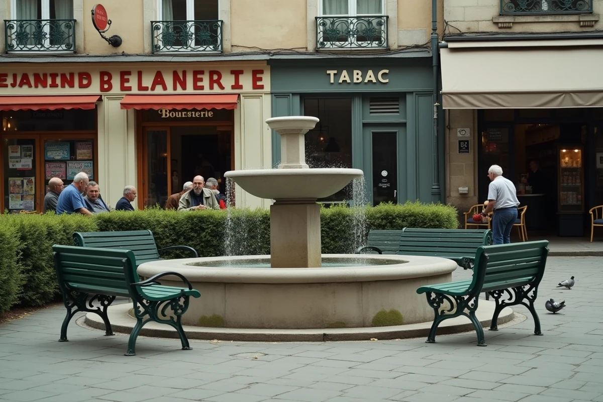 Place publique d'un quartier de Blois avec fontaine désaffectée, bancs usés et habitants locaux en discussion