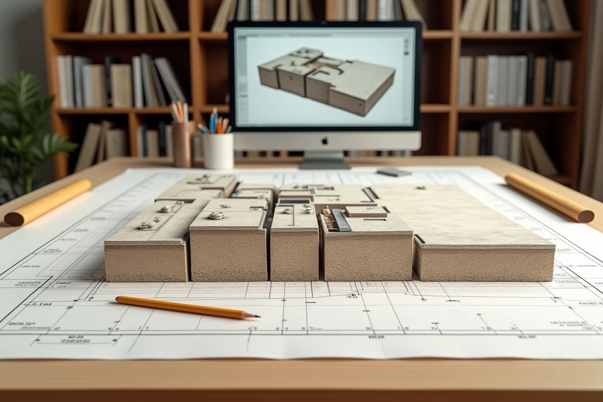Plan en coupe architecturale avec cotations altimétriques détaillées posé sur une table à dessin en bureau d'ingénierie