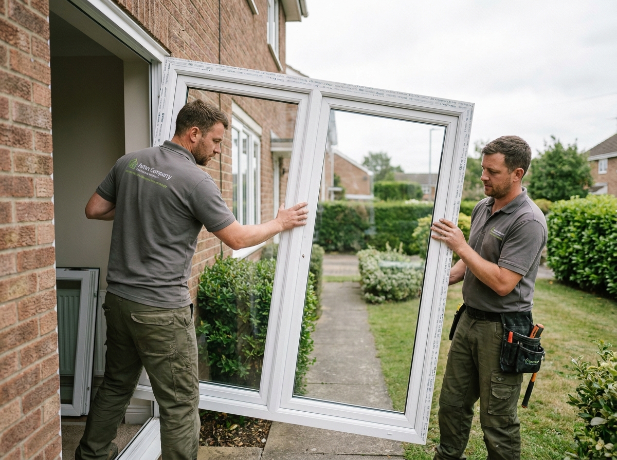 Deux installateurs posant une fenêtre double vitrage en PVC dans l'ouverture murale d'une maison pavillonnaire