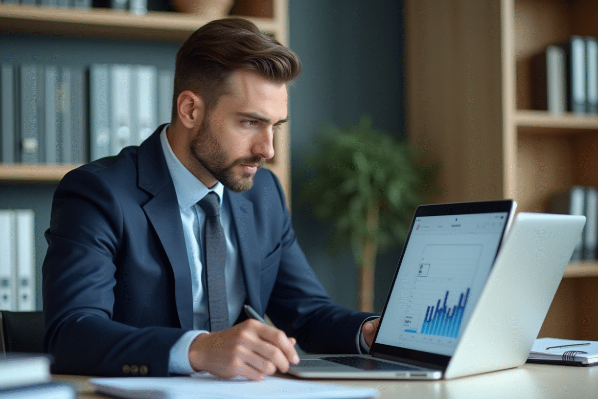 Professionnel en costume bleu analysant un graphique en entreprise