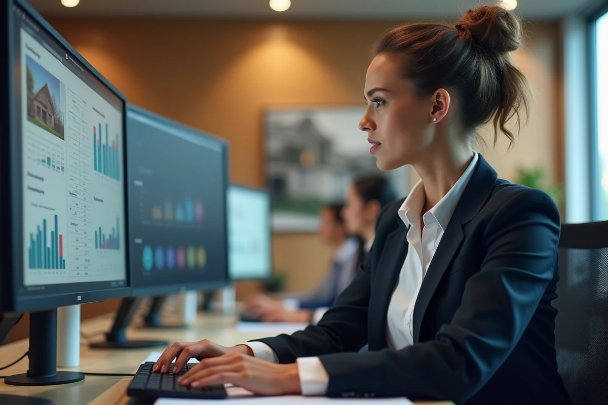 Professionnelle de l'immobilier utilisant un logiciel de calcul immobilier sur ordinateur de bureau en open-space