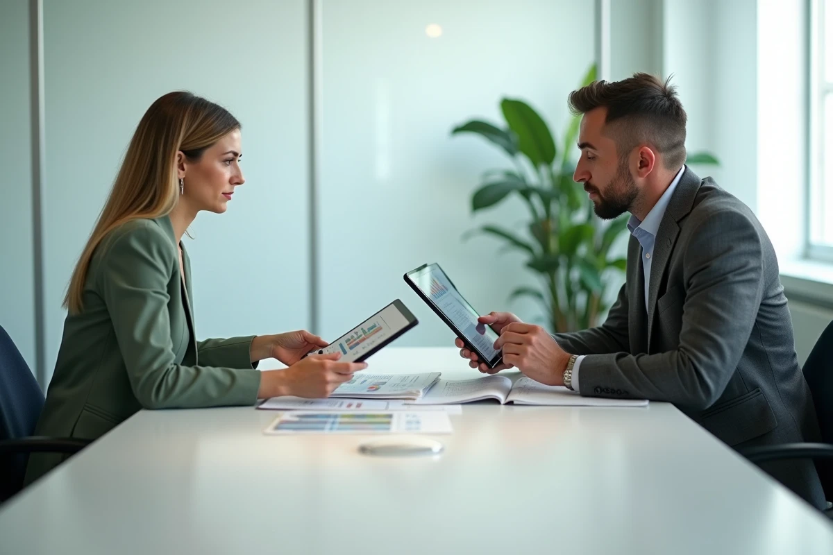 Deux professionnels de l'immobilier examinant des rapports d'analyse de marché lors d'une réunion, représentant l'évaluation d'un abonnement à un outil de veille immobilière