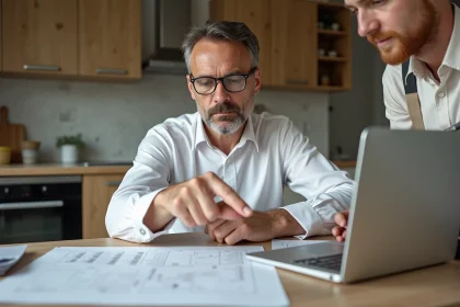 Propriétaire et artisan étudiant ensemble un manuel de rénovation sur une table de chantier