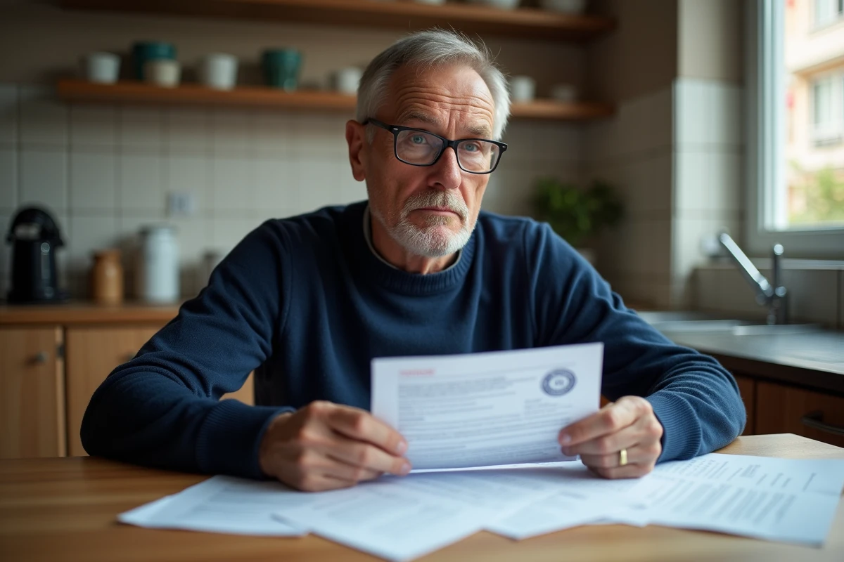 Propriétaire préoccupé examinant un avis de taxe sur les logements vacants assis à une table avec des documents fiscaux officiels