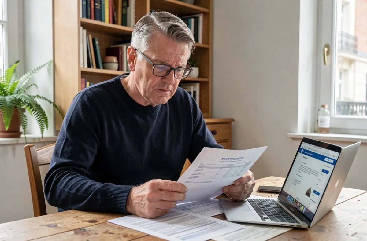 Propriétaire consultant des documents fiscaux sur la taxe sur les logements vacants à son domicile