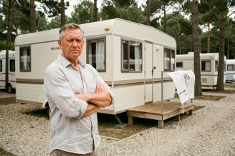 Propriétaire de mobil-home frustré tenant des documents de vente sur un camping, illustrant les difficultés de vente face au gestionnaire