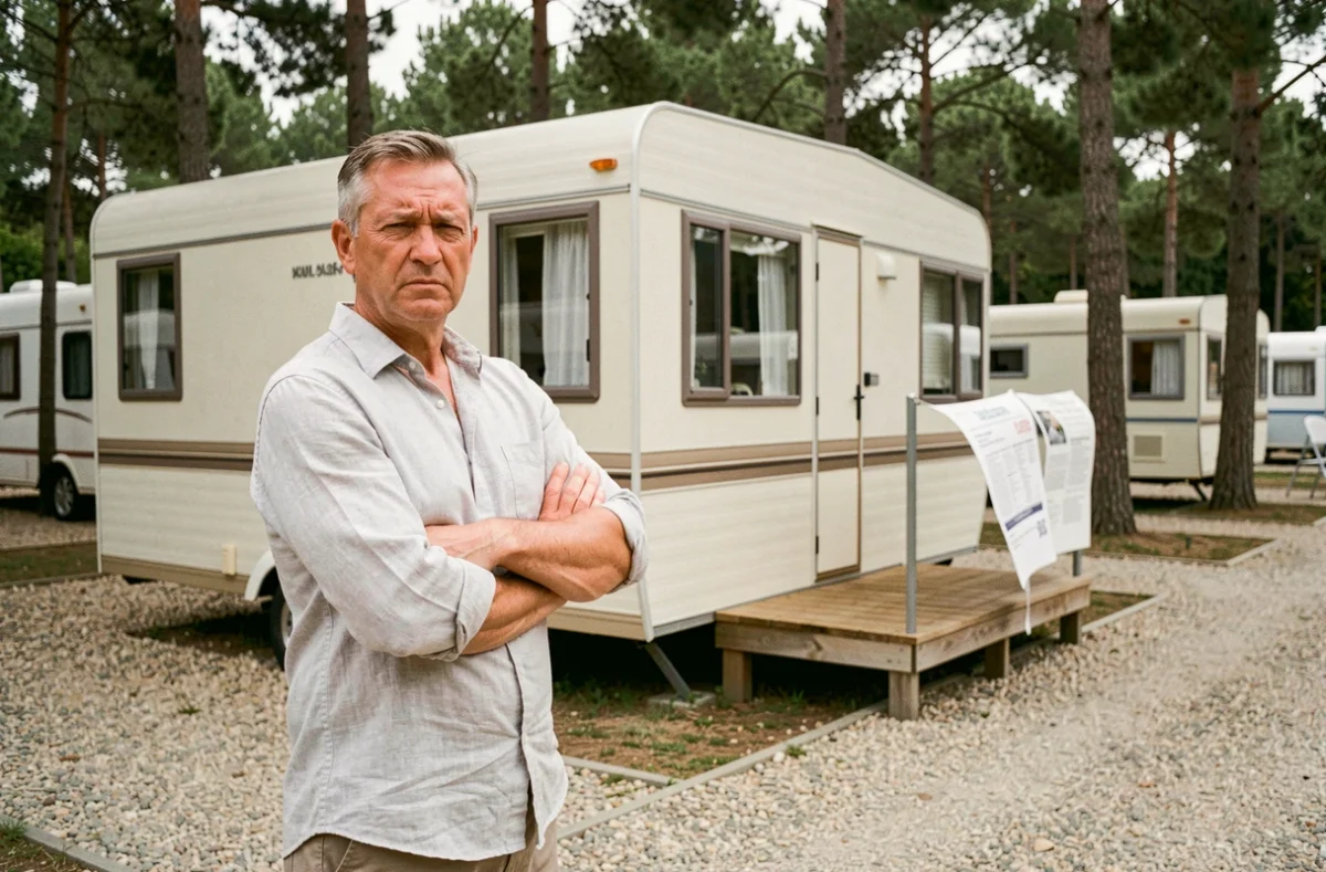 Propriétaire de mobil-home frustré tenant des documents de vente sur un camping, illustrant les difficultés de vente face au gestionnaire