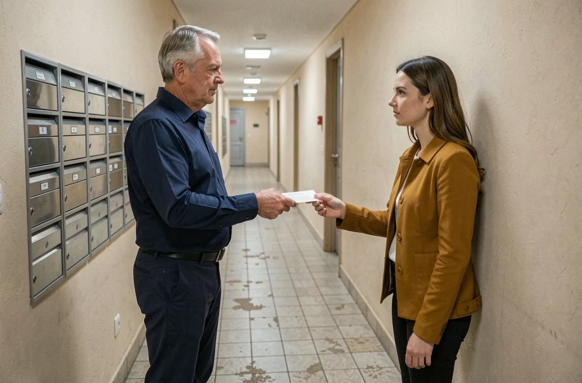 Propriétaire remettant un document de régularisation de charges à sa locataire dans un couloir d'immeuble